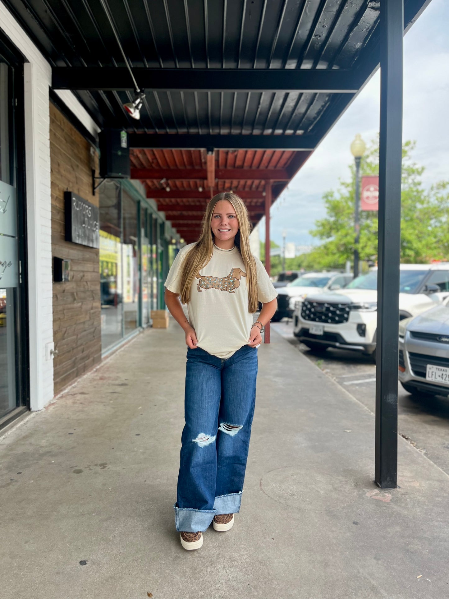 Decked in Turquoise, Long Haired Wiener Dog Western Graphic