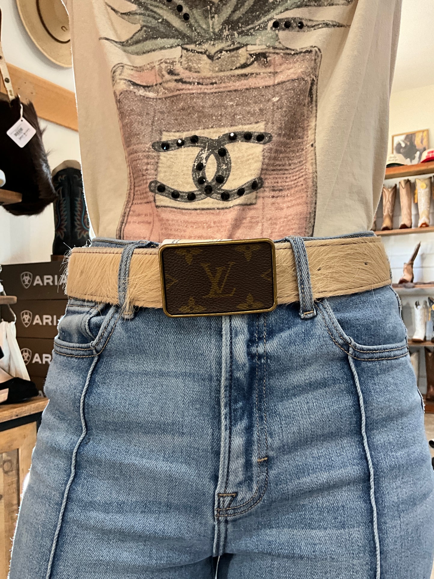 Rowdy ranch Upcycled Belt Tan cow