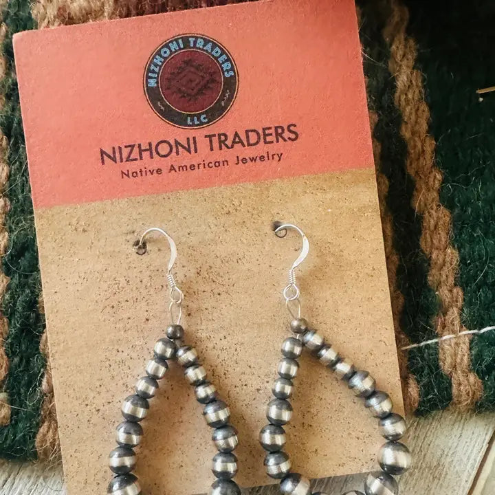 Navajo Sterling Silver Pearl Beaded Dangle Hoop Earrings