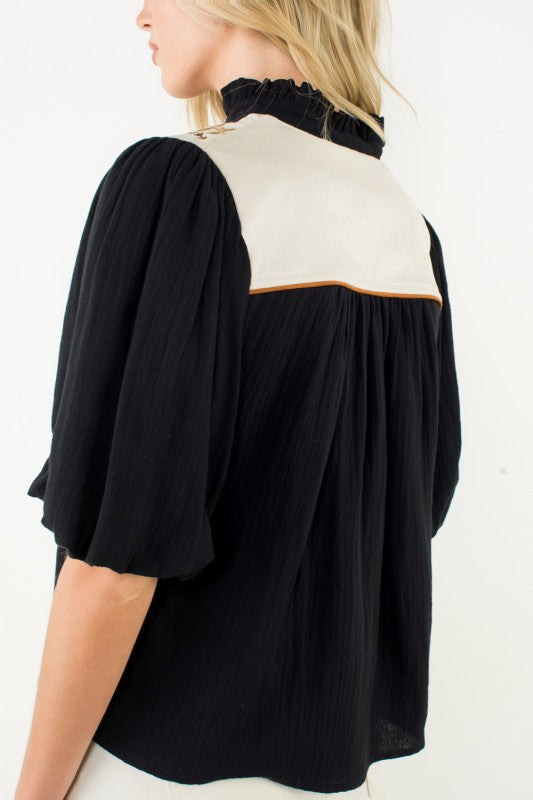 Puff Sleeve Embroidery Detailed Neckline Top
