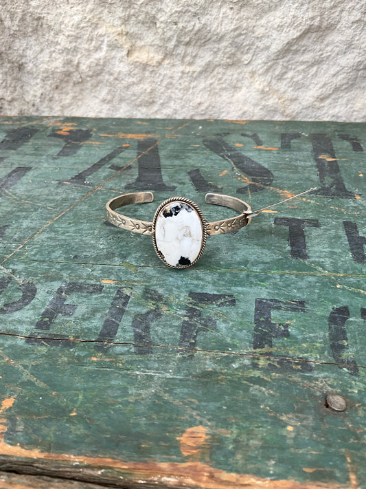 Sterling Silver White Buffalo Turquoise Cuff Bracelet with Signed Nizhoni