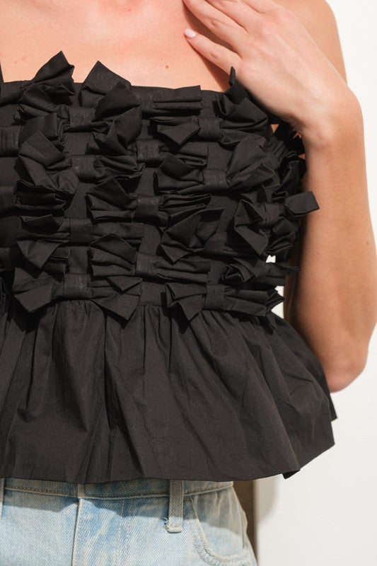 Exaggerated Ribbon Bow Crop Peplum Cami Tank- Black