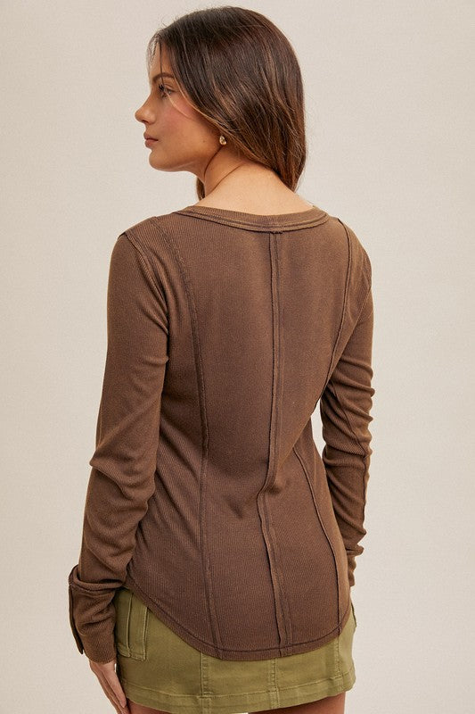 BROWN RIBBED HENLEY TOP