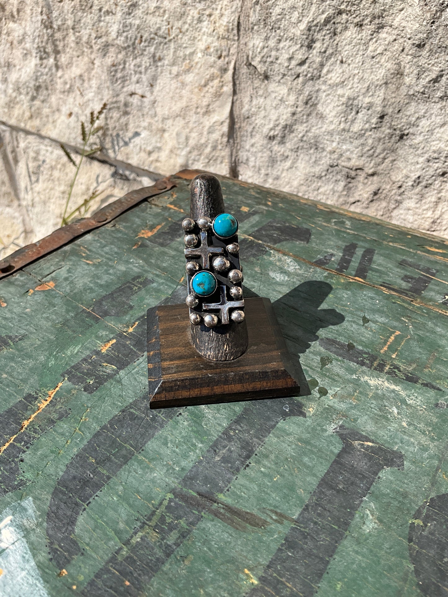 Navajo Turquoise & Sterling Silver Cross Ring Chimney Butte sz7