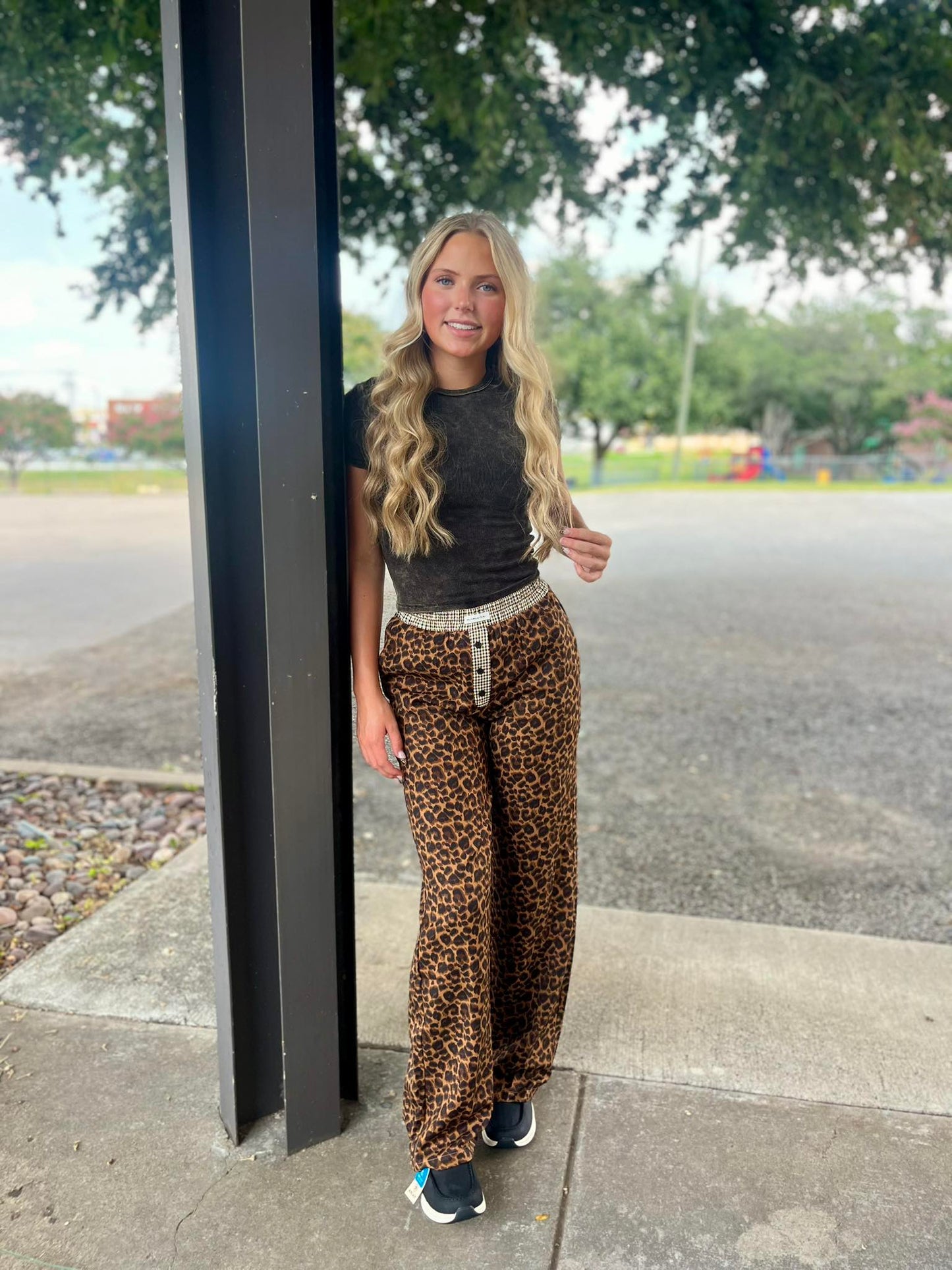 Leopard Print Lounge Pants with Plaid Waistband