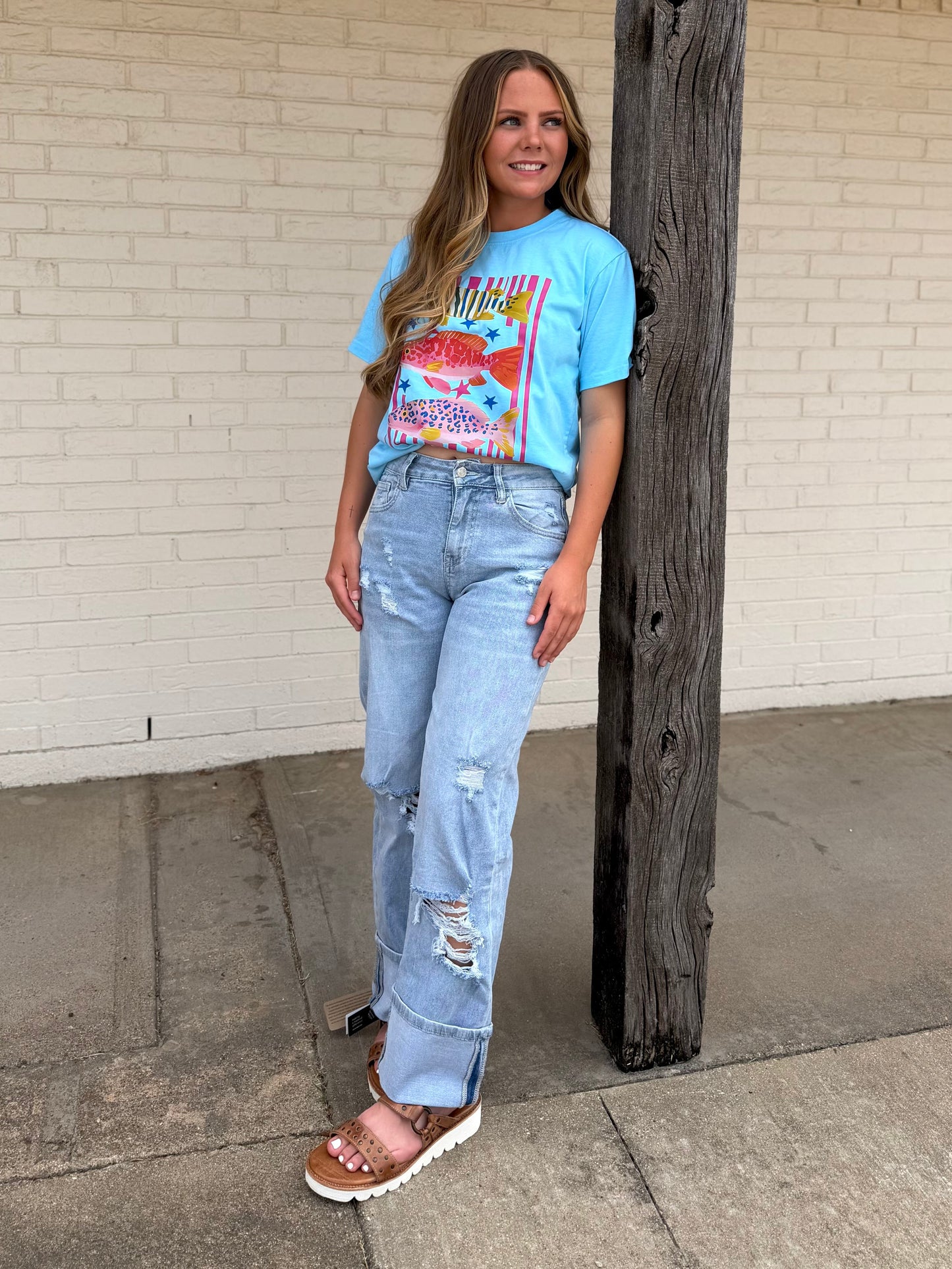 Timeless Stretchy Light Wash Distressed Flare Jeans