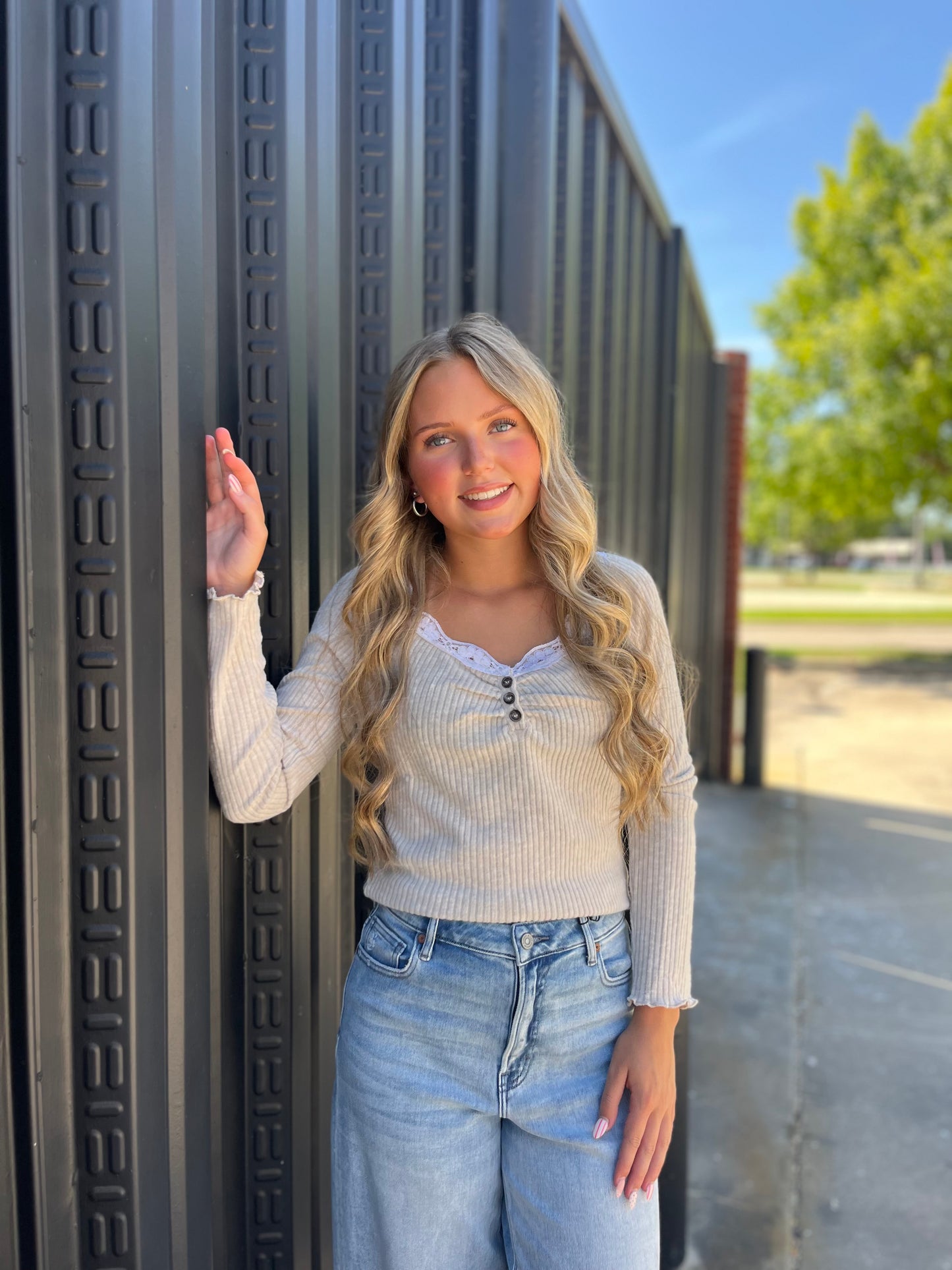 Taupe Brushed Rib Lace Trimmed Henley Top