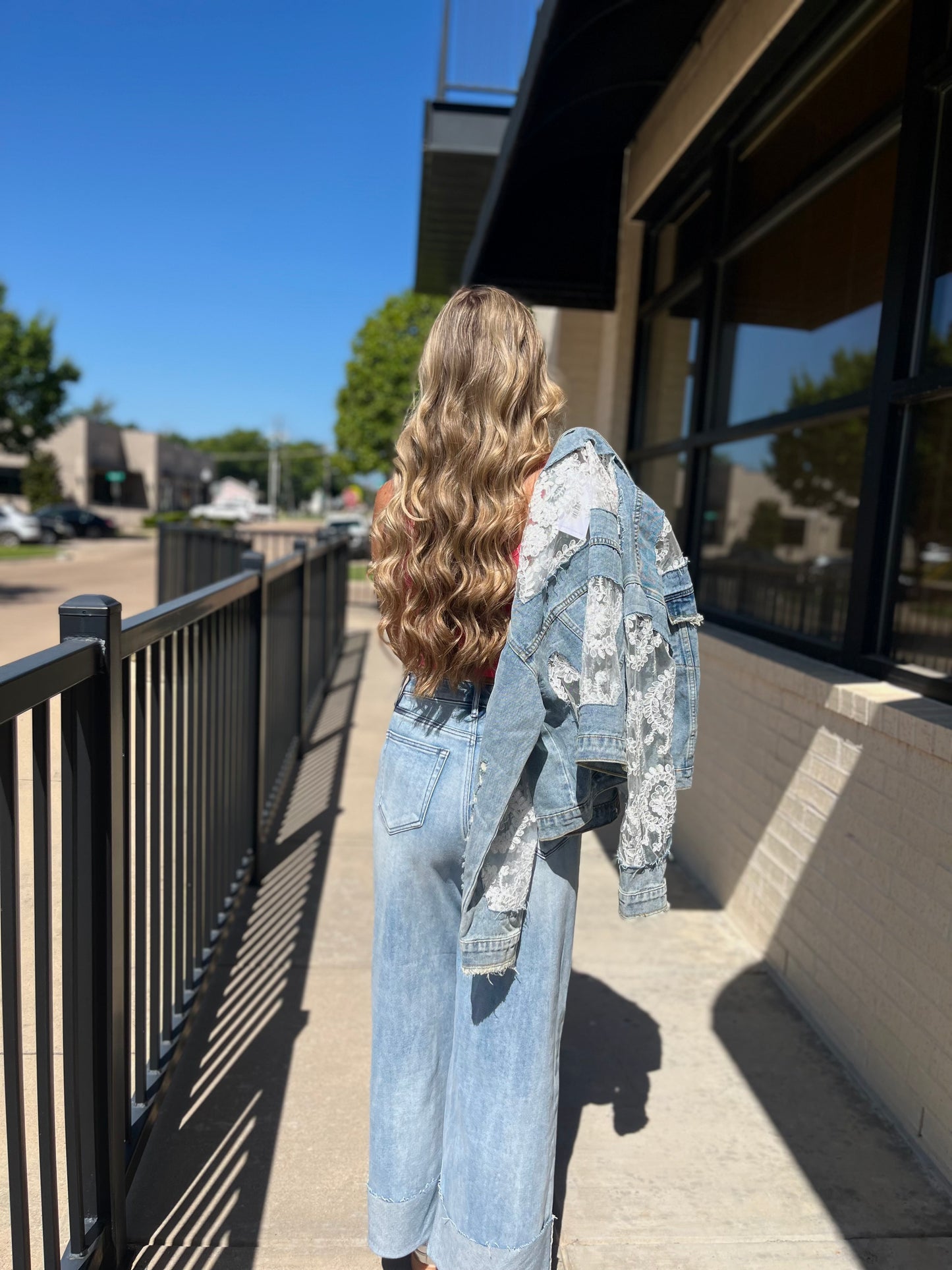 Lace Inset Raw Detail Oversized Denim Jacket