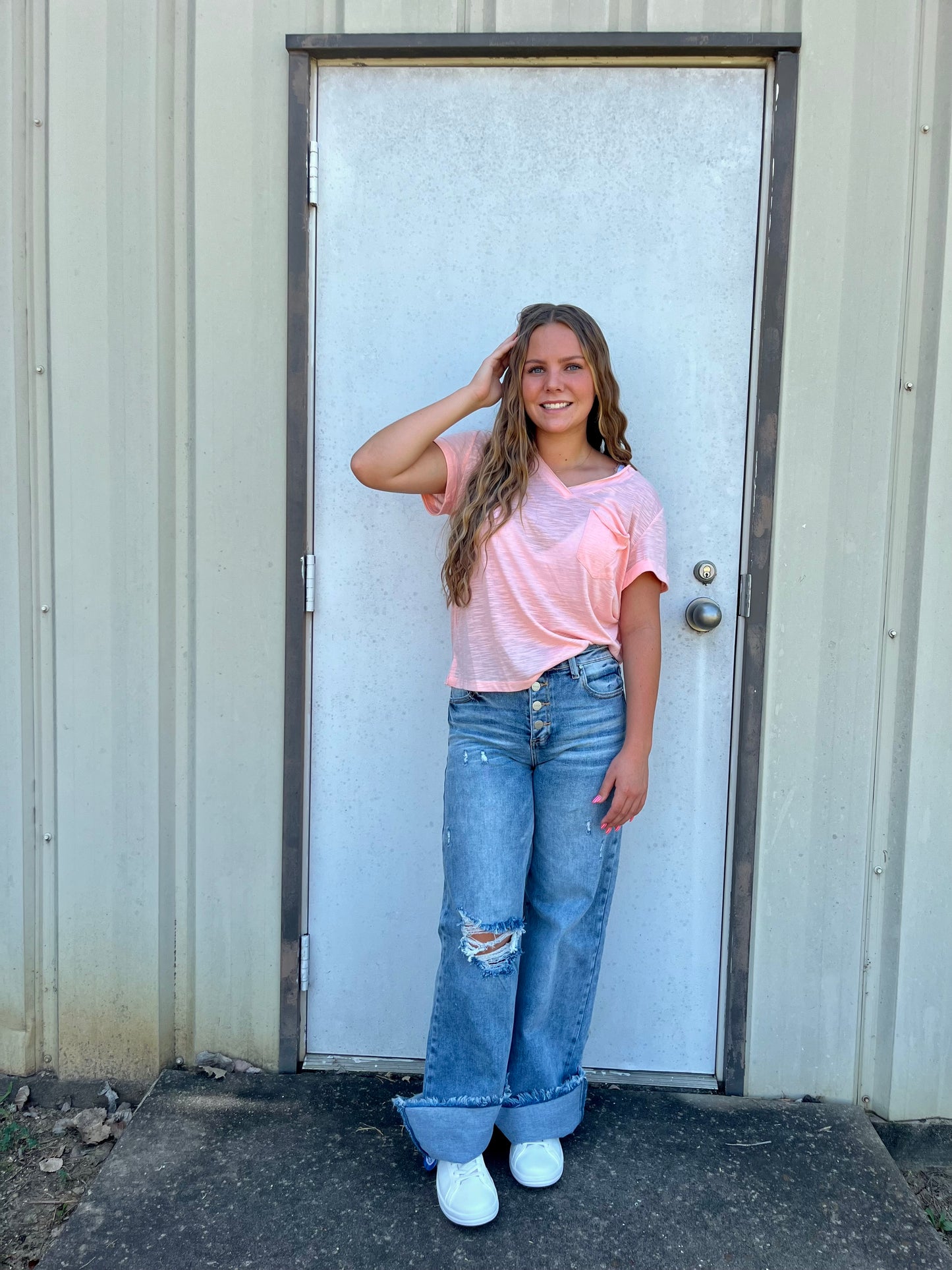 Relaxed V-neck Short Sleeve Slub Top