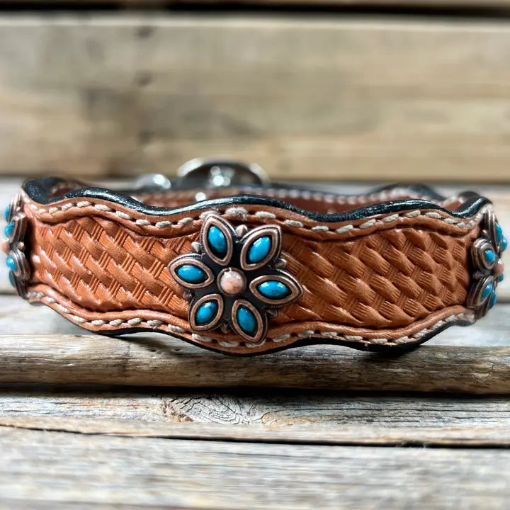 Leather Dog Collar with Copper Turquoise Flower Conchos Light Oil