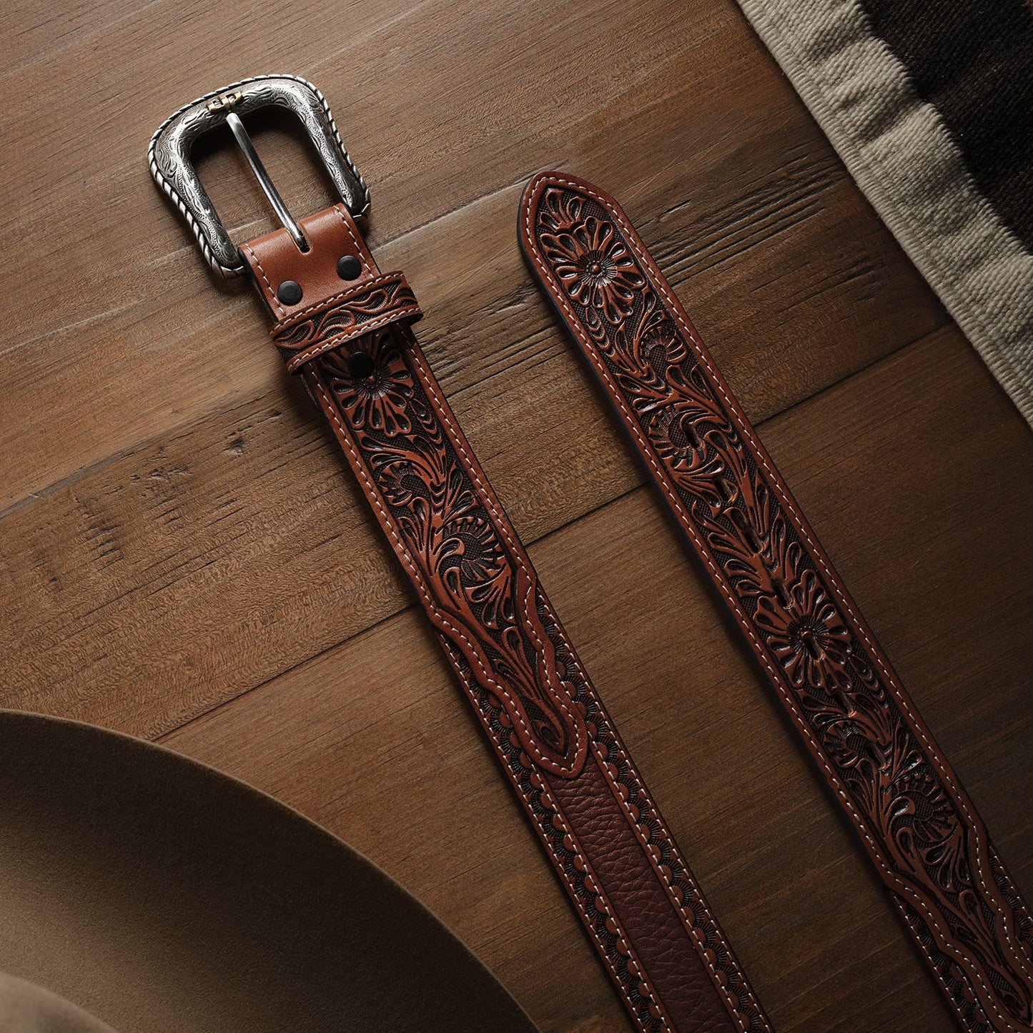 Cognac Tooled Tab Belt