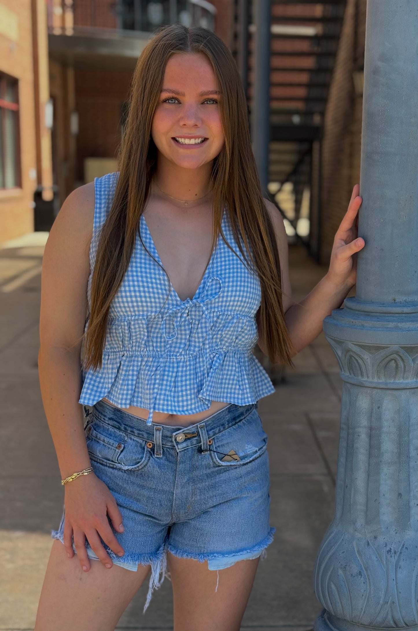 V-Neck Bow Detail Sleeveless Gingham Top