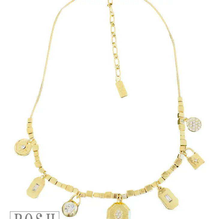 Cube Bead and Rhinestone Charm Necklace