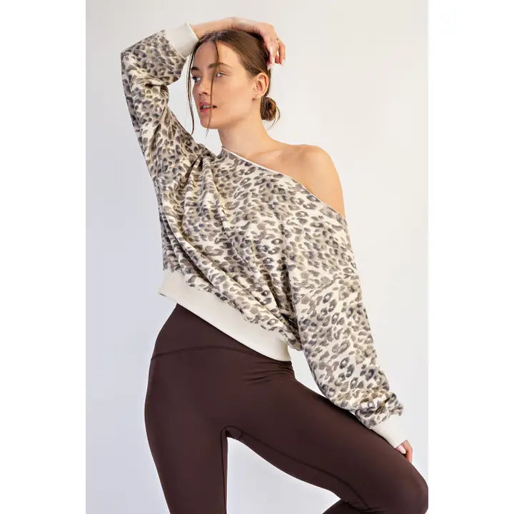 Animal Printed Cotton Terry Off Shoulder Sweatshirt