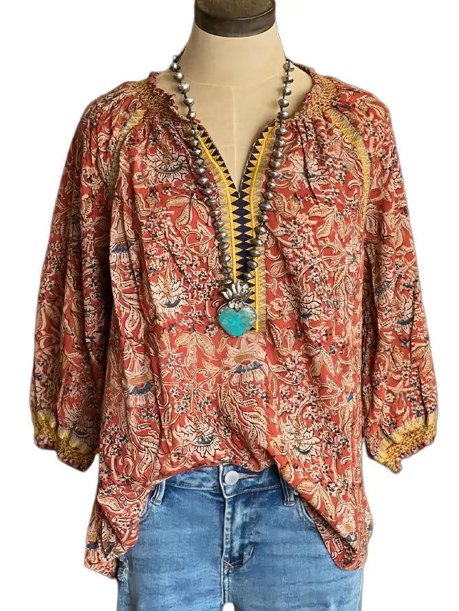 Bohemian Style Flare Sleeves Floral Top