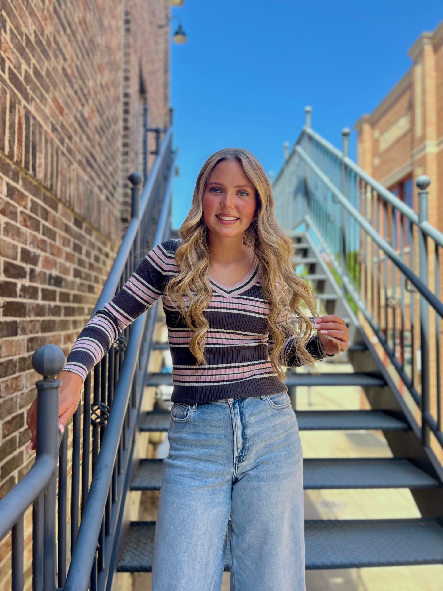 V-neck Rib Stripe Sweater Top