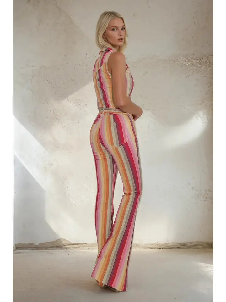 Belted Striped Stretch Denim Full Length Jumpsuit