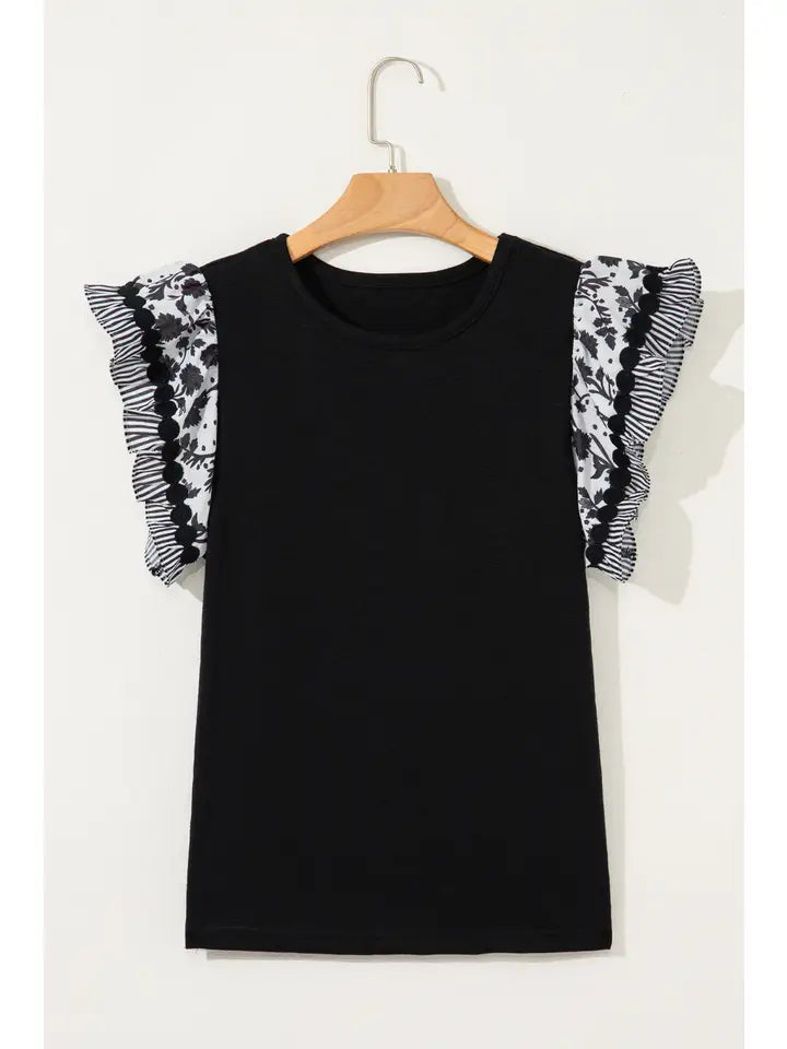 Beverly | Pattern Trim Flutter Sleeve Patchwork Blouse