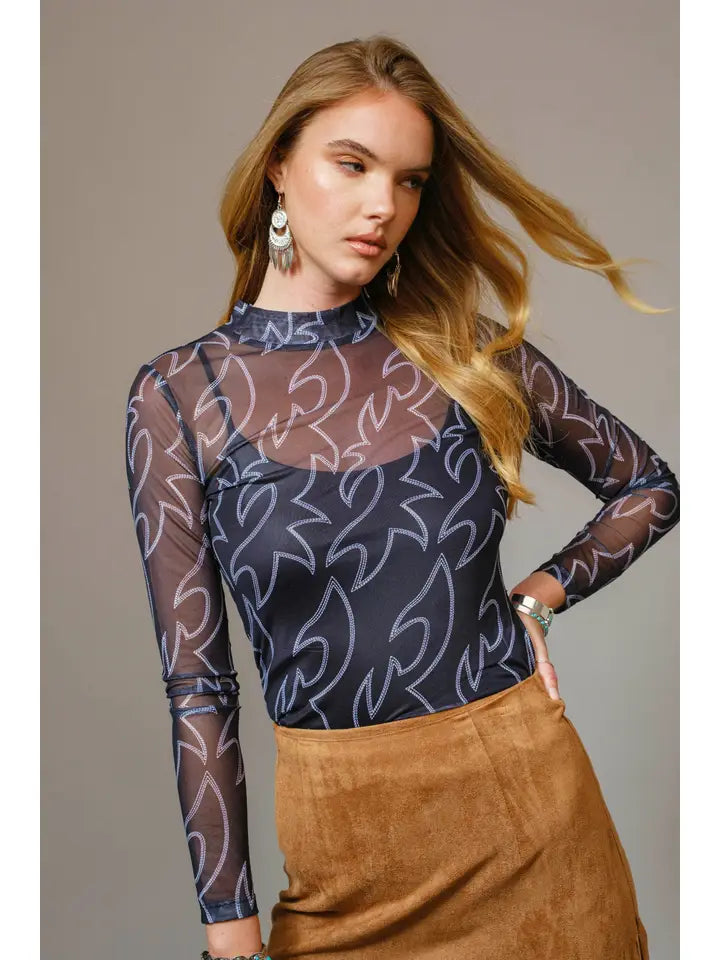 Boots Stitch Throughout Mesh Mock Neck Fitted Top