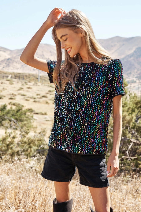 Short Sleeve Multi Color Sequin Top