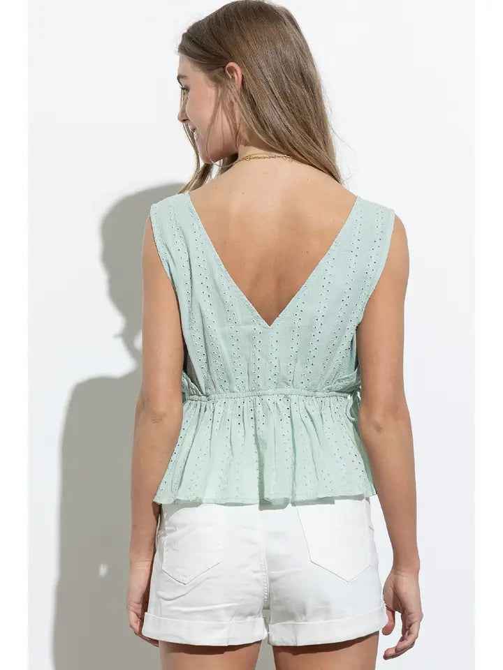Cotton Eyelet Stripe Lace Tie Side Sleeveless Top