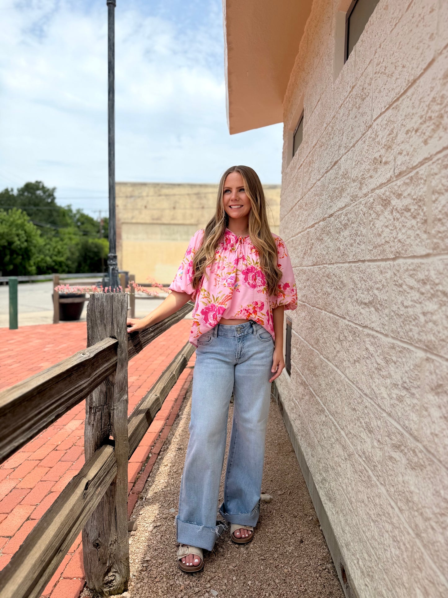 Spring Floral Print Tie Neck Puffy Half Sleeve Blouse