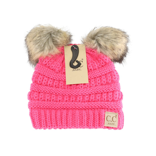 BABY FUR DOUBLE POM BEANIE - CANDY PINK