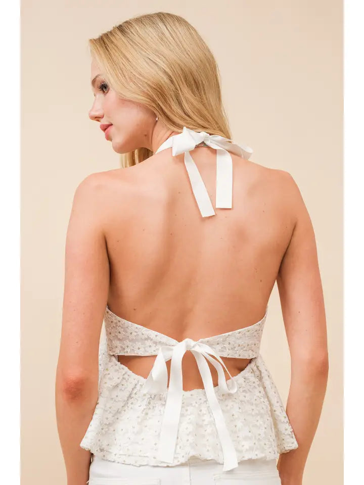 Daisy Jacquard Halter Crop Top