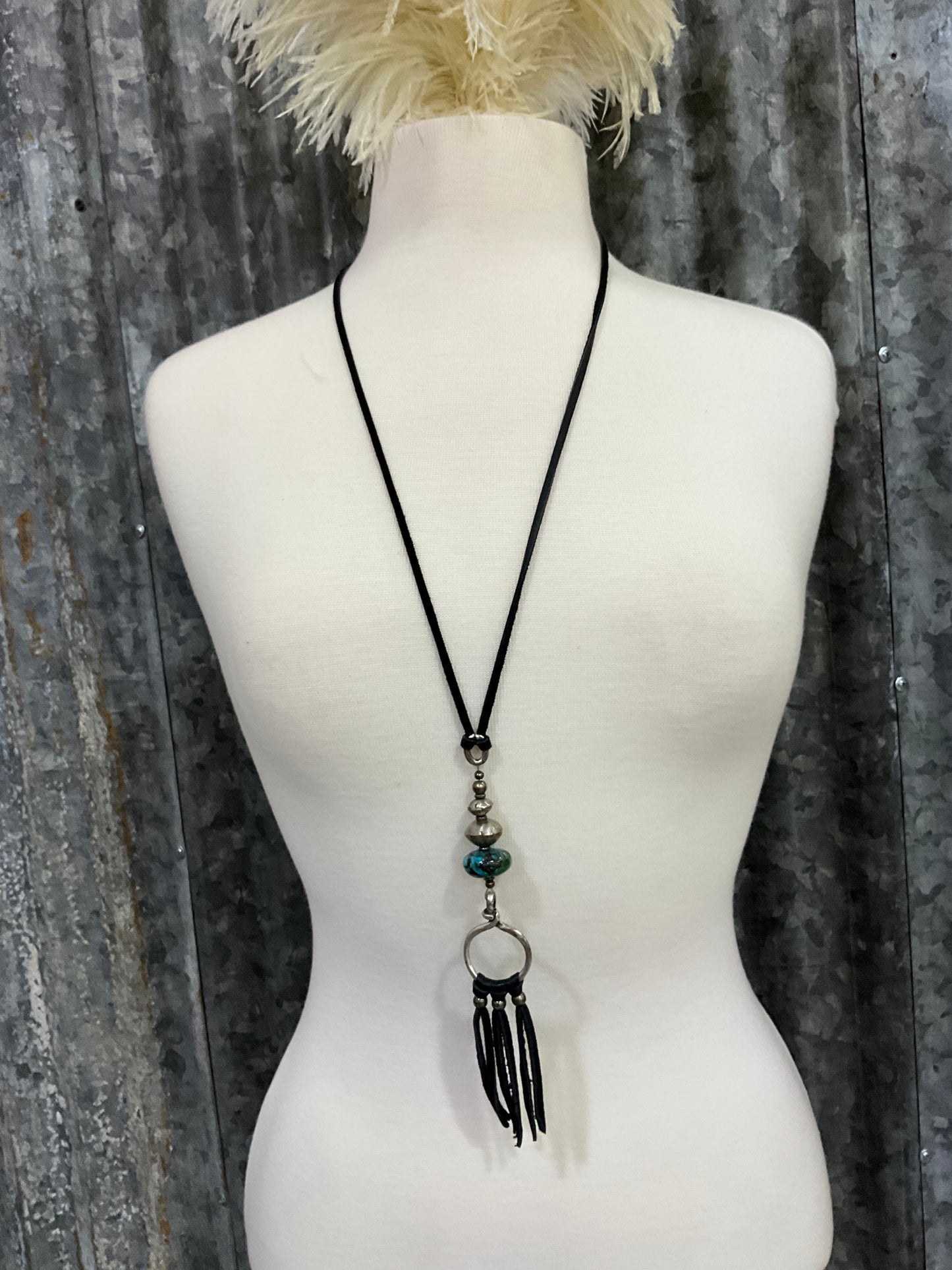 Long Leather Necklace W/ Turq & Silver