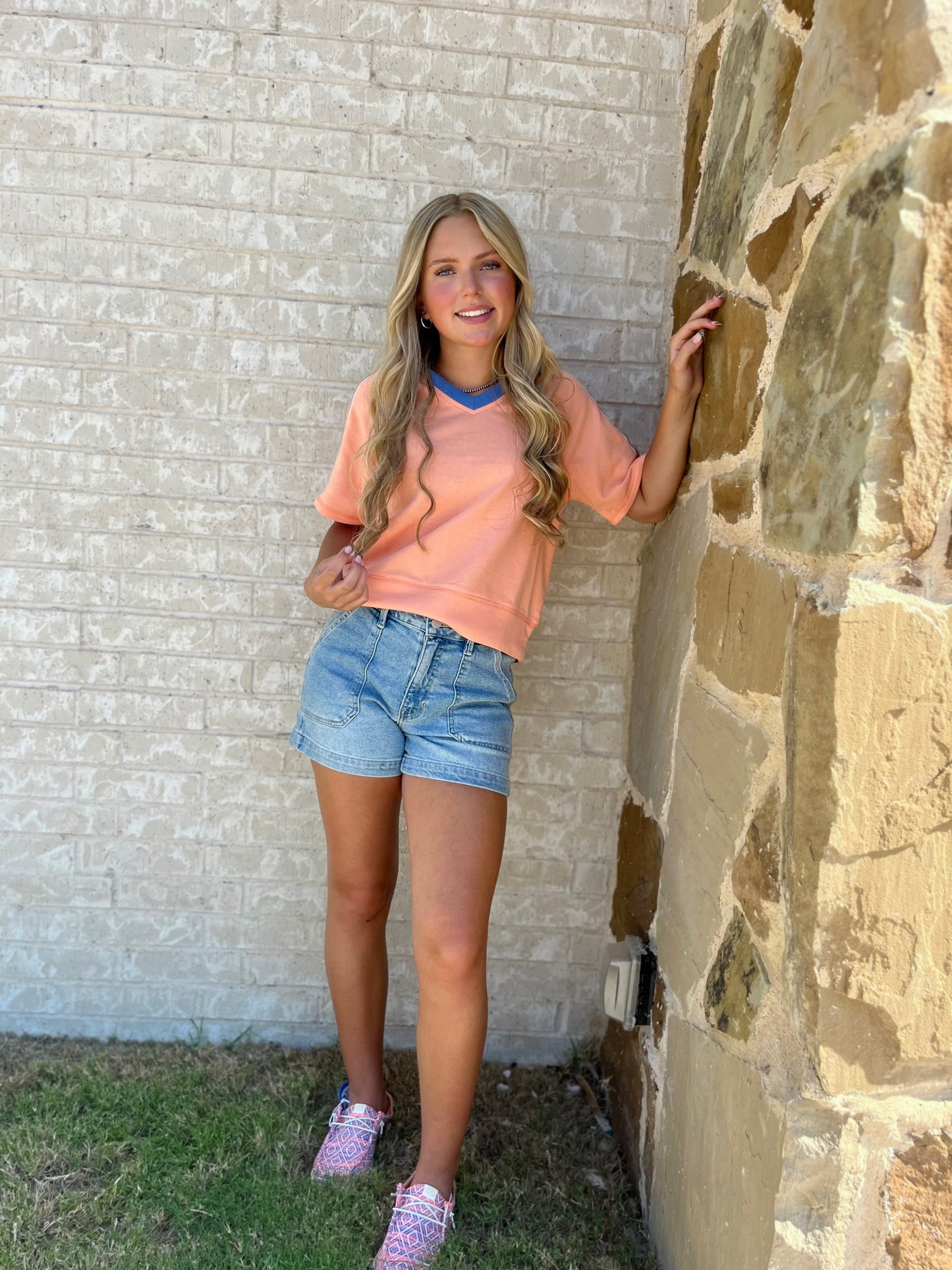 Sporty Contrast V Neck Top