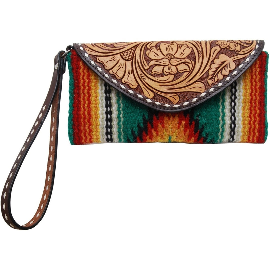Wristlet With Shoulder Strap Green W/ White Buckstitch