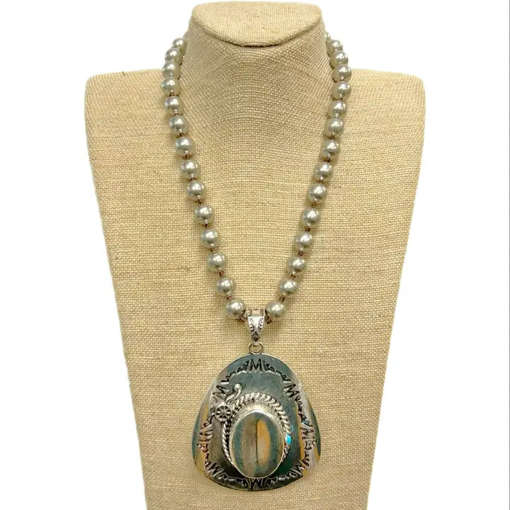 Etched Cowboy Hat Pendant On Faux Navajo Pearl Necklace