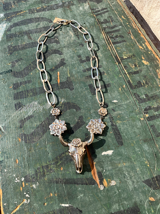STERLING SILVER STEER SKULL AND FLOWER NECKLACE