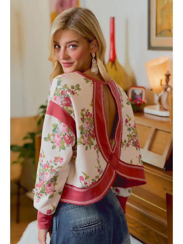 Floral Brushed Terry Open Back Long Sleeves Top