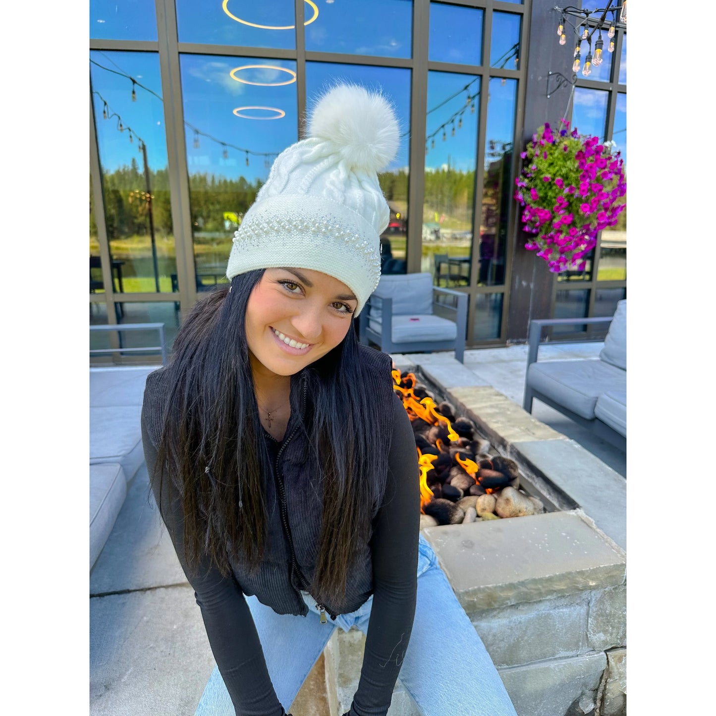 Pearl Embellished Cuff Faux Fur Pom C.C Beanie