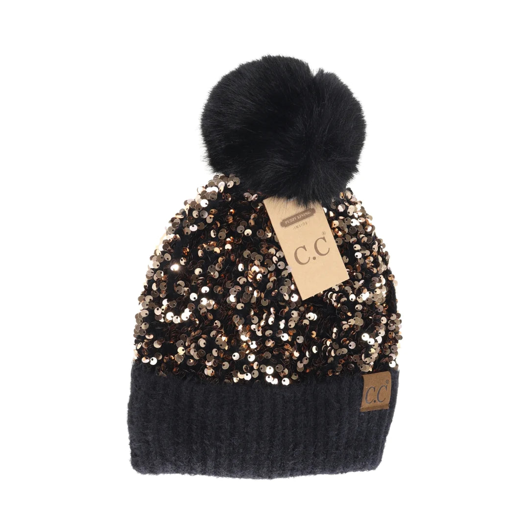 Cluster Sequin Faux Fur Pom C.C Beanie