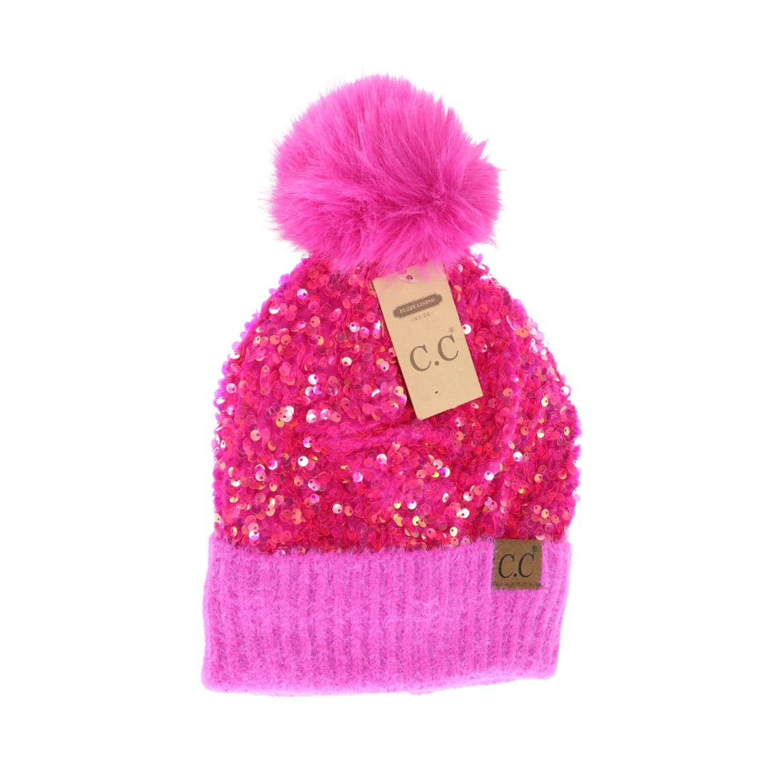 Cluster Sequin Faux Fur Pom C.C Beanie