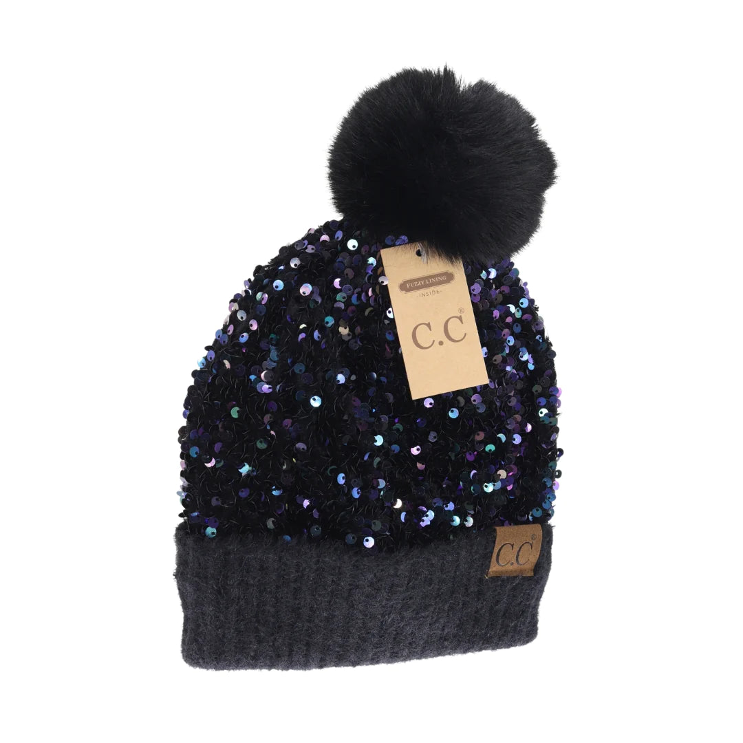 Cluster Sequin Faux Fur Pom C.C Beanie