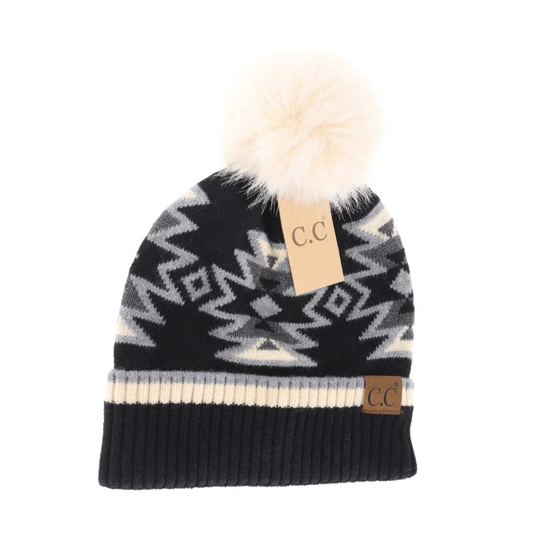 Southwestern Faux Fur Pom C.C Beanie