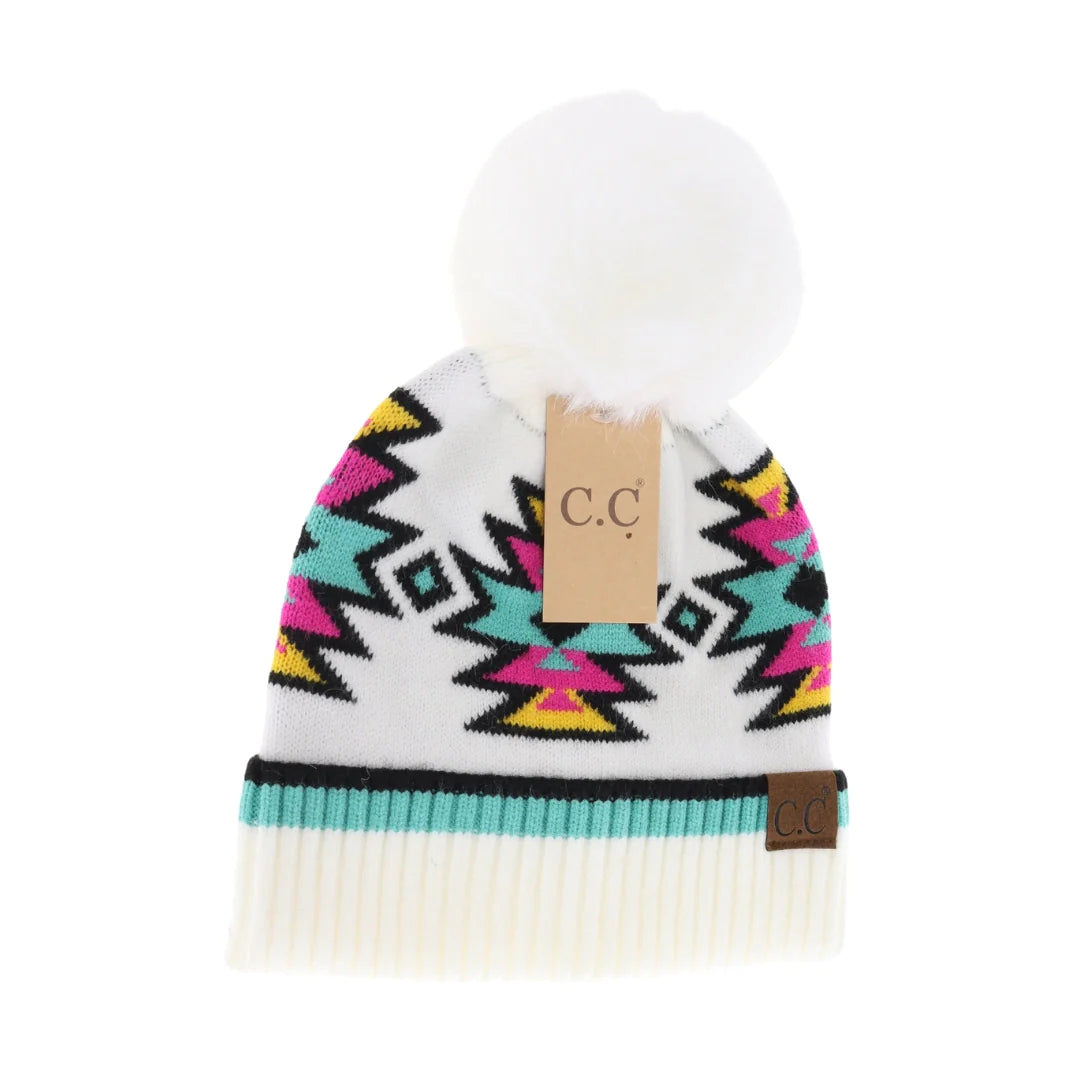 Southwestern Faux Fur Pom C.C Beanie