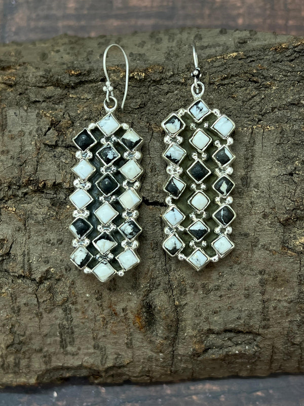 Handmade Sterling Silver White Buffalo Hook Dangle Earrings with Signed Nizhoni