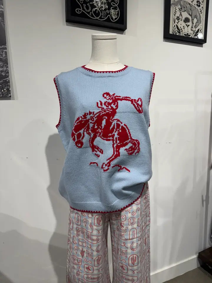 Hats Off To the Cowboy Bronc Rider Sweater Vest Red/Blue