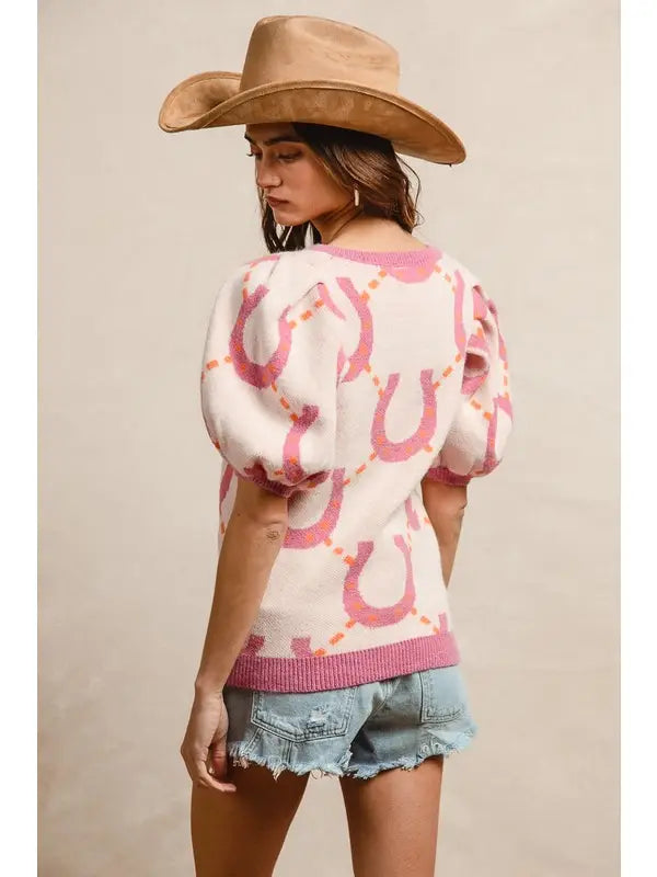 Horseshoe Pattern Puff Sleeves Sweater