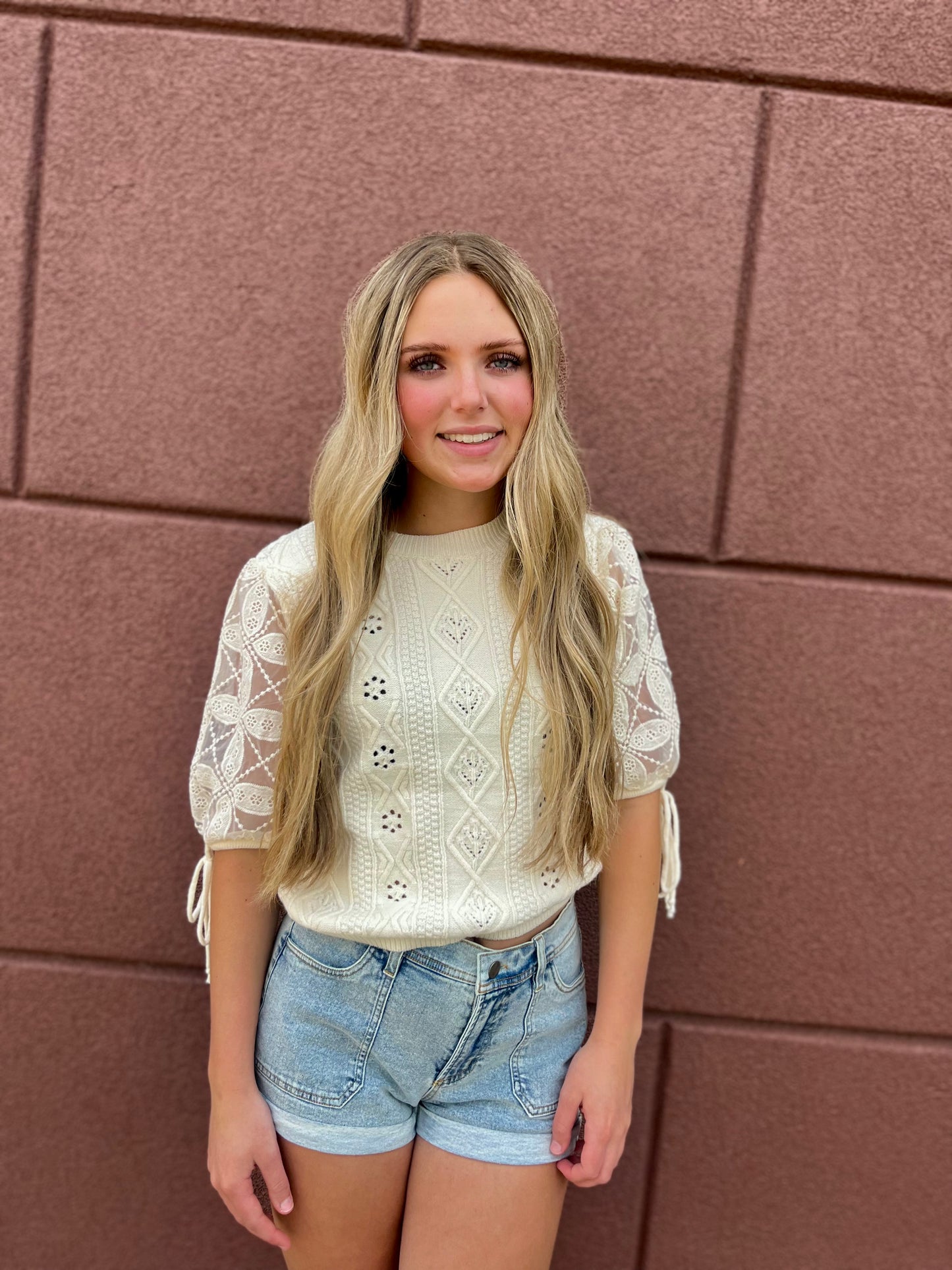 Eyelet Puff Sleeve Knit Sweater Top