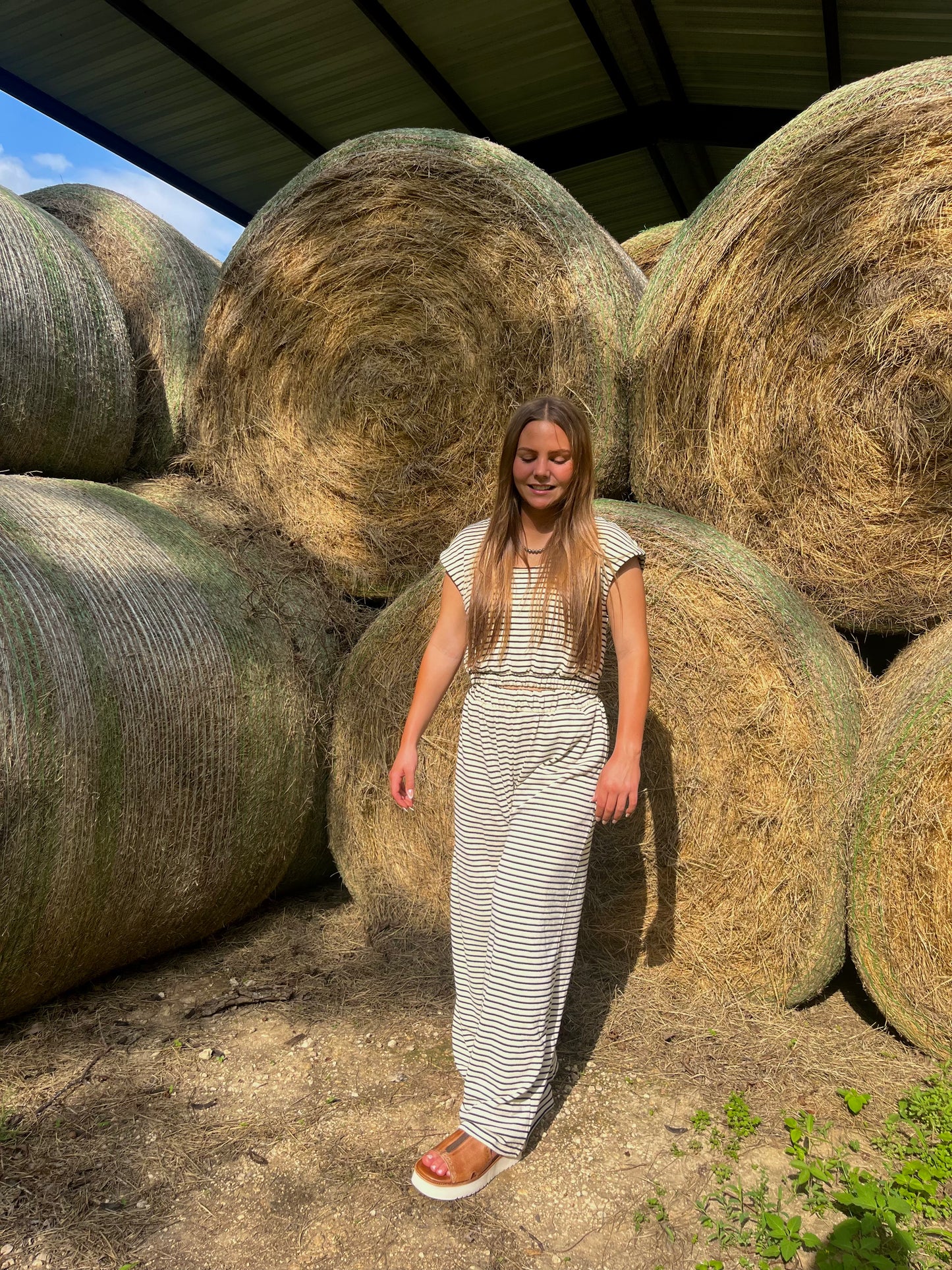 Striped Cream Black Knit Pants & Top