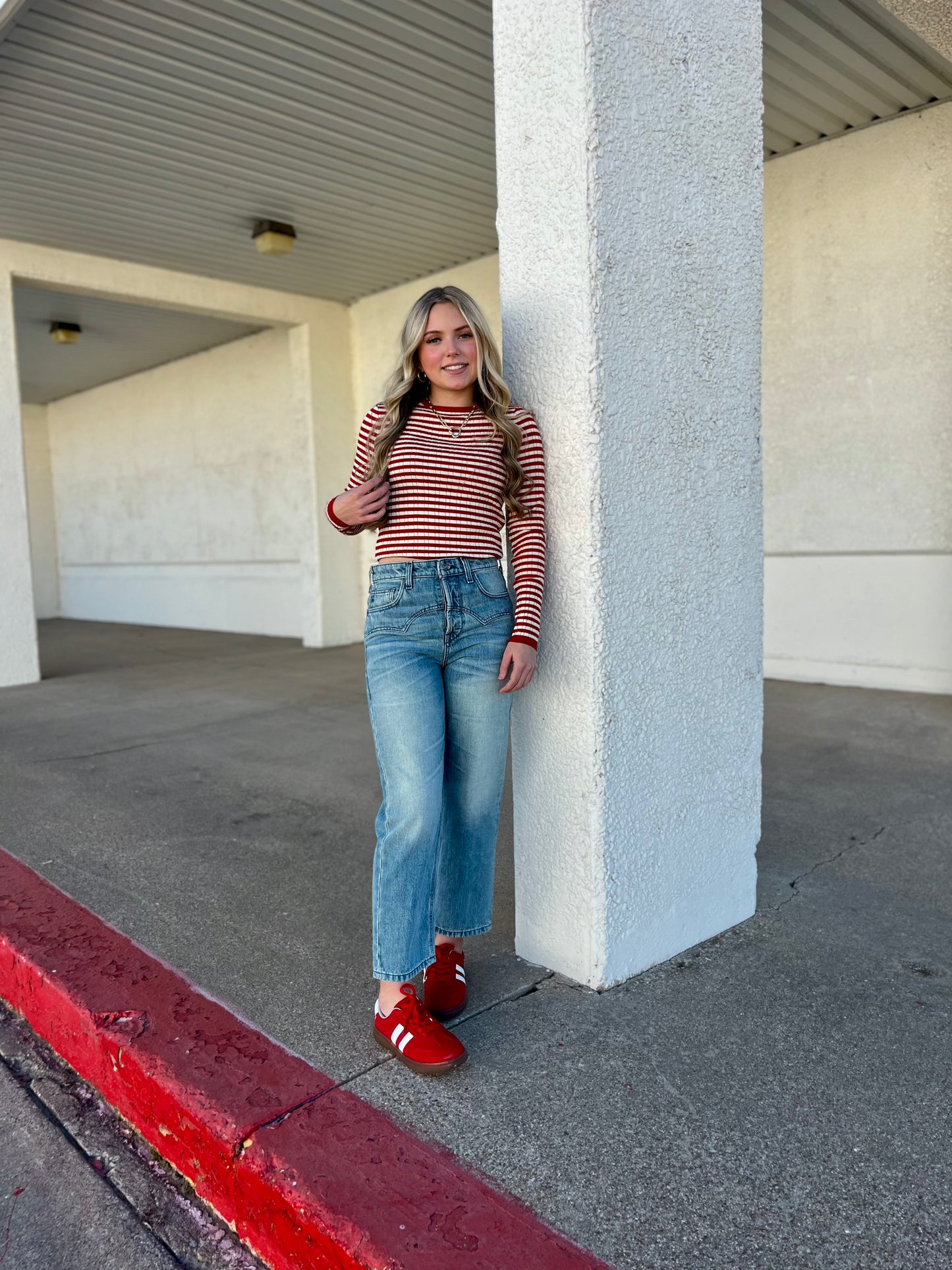 Ribbed Knit Striped Long Sleeve Top