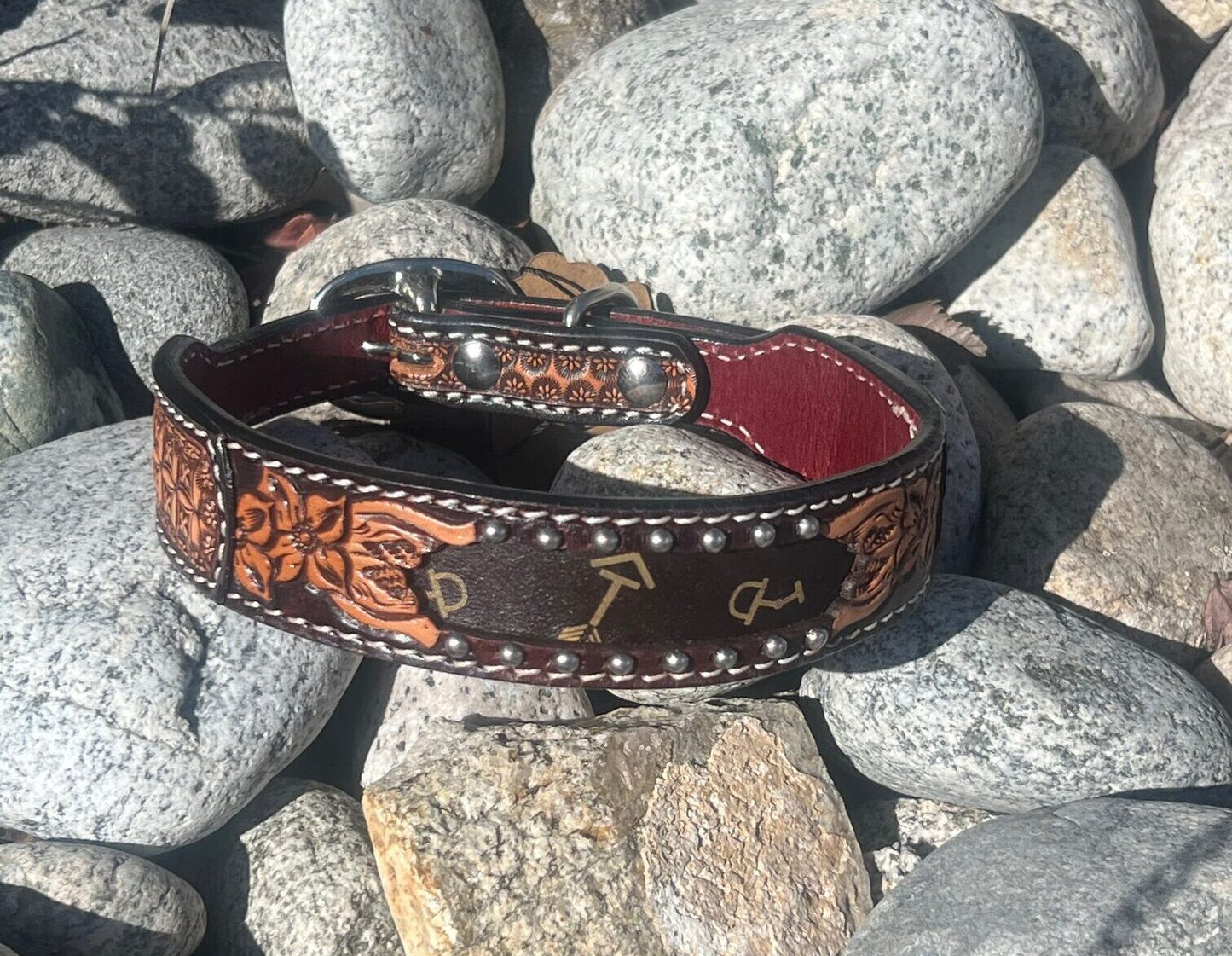 Dog Collar with Floral Carving, Tooling, Tan Printed Arrows Inlay, SS Spots