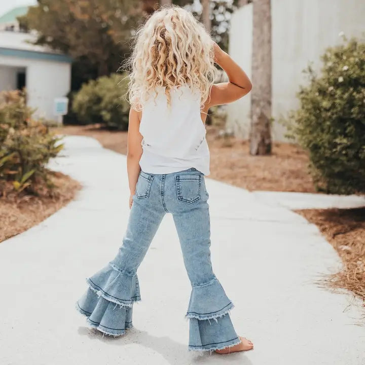 Kids Light Wash Denim Double Ruffle Jeans Pants