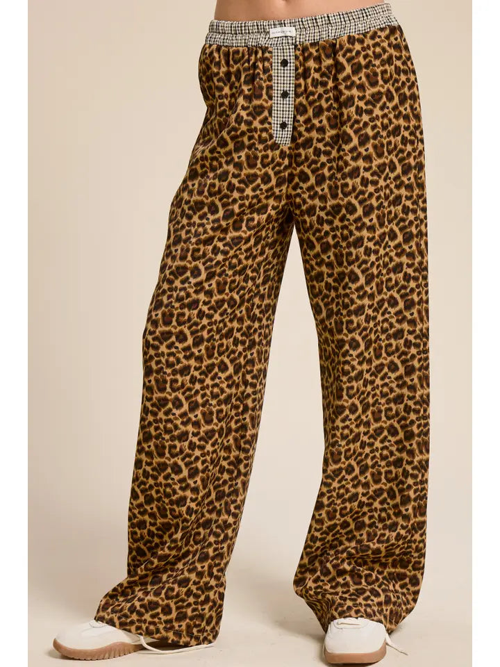 Leopard Print Lounge Pants with Plaid Waistband