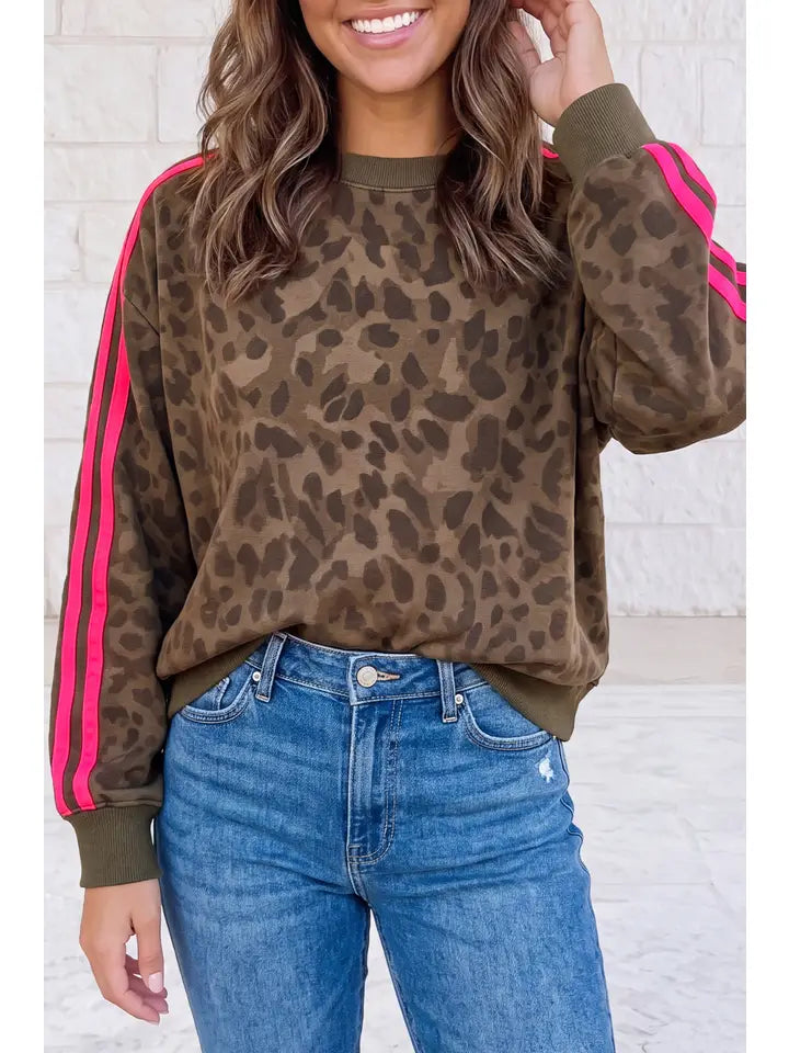 Leopard Print Striped Detail Relaxed Pullover